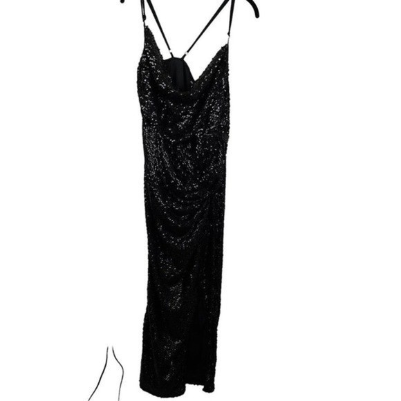 NWT PrettyLittleThing Sequin Cowl High Split Midi Dress 12 Black Formal LBD