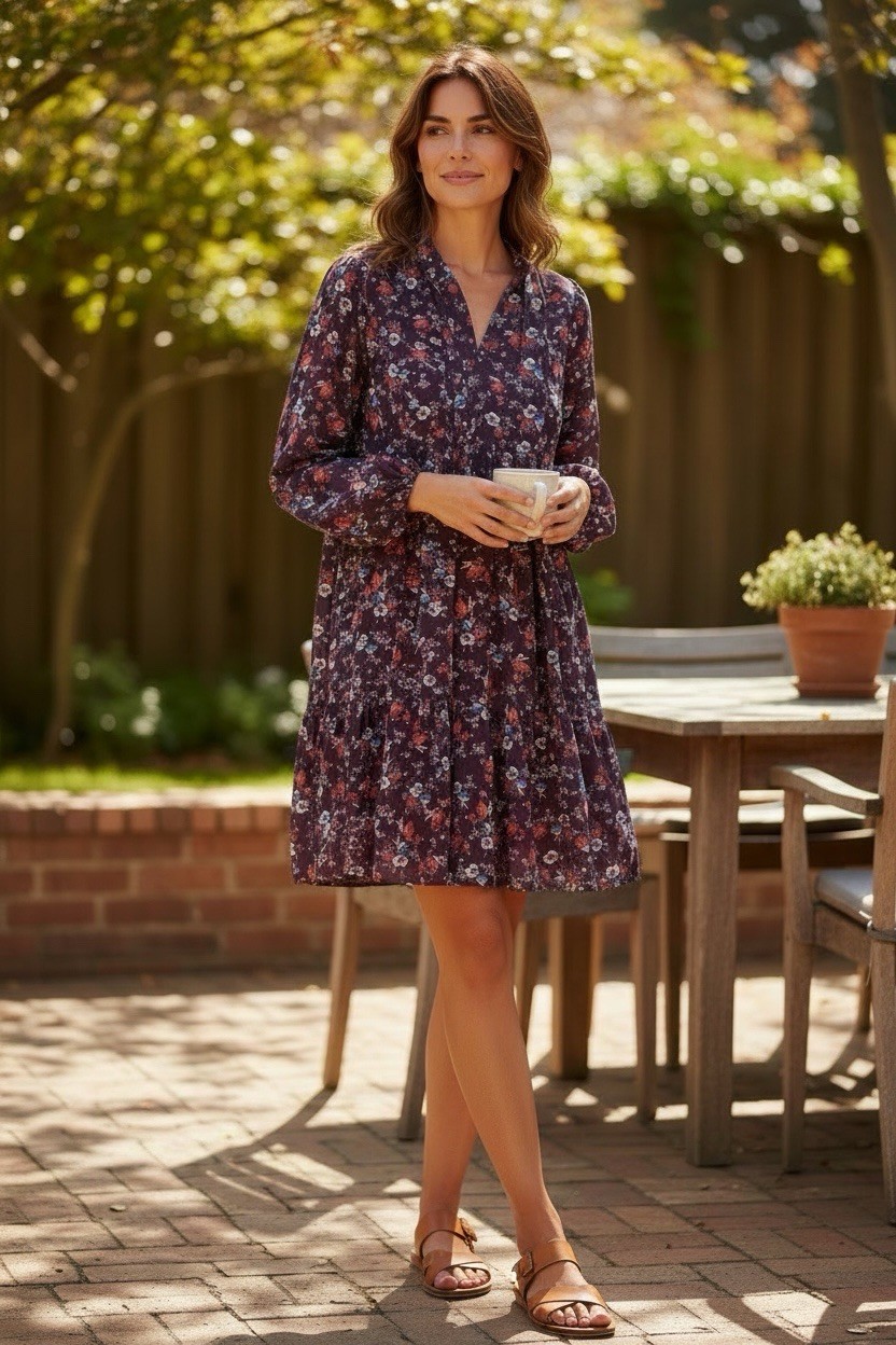 Lily Rose Women’s Plum Floral Tiered Mini Dress Front Tie Cottage Romantic Med