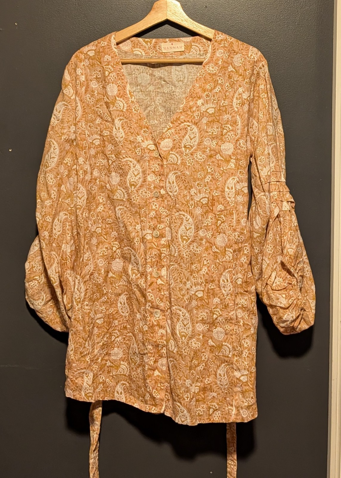 Hannah Artwear Linen Paisley FloraButtoned Shirt Mini Dress Puff Sleeves – OS