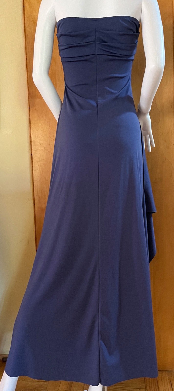 WOMEN’S NAVY BLUE RUCHED SIDE SLIT STRETCHY STRAPLESS LONG MAXI DRESS – M