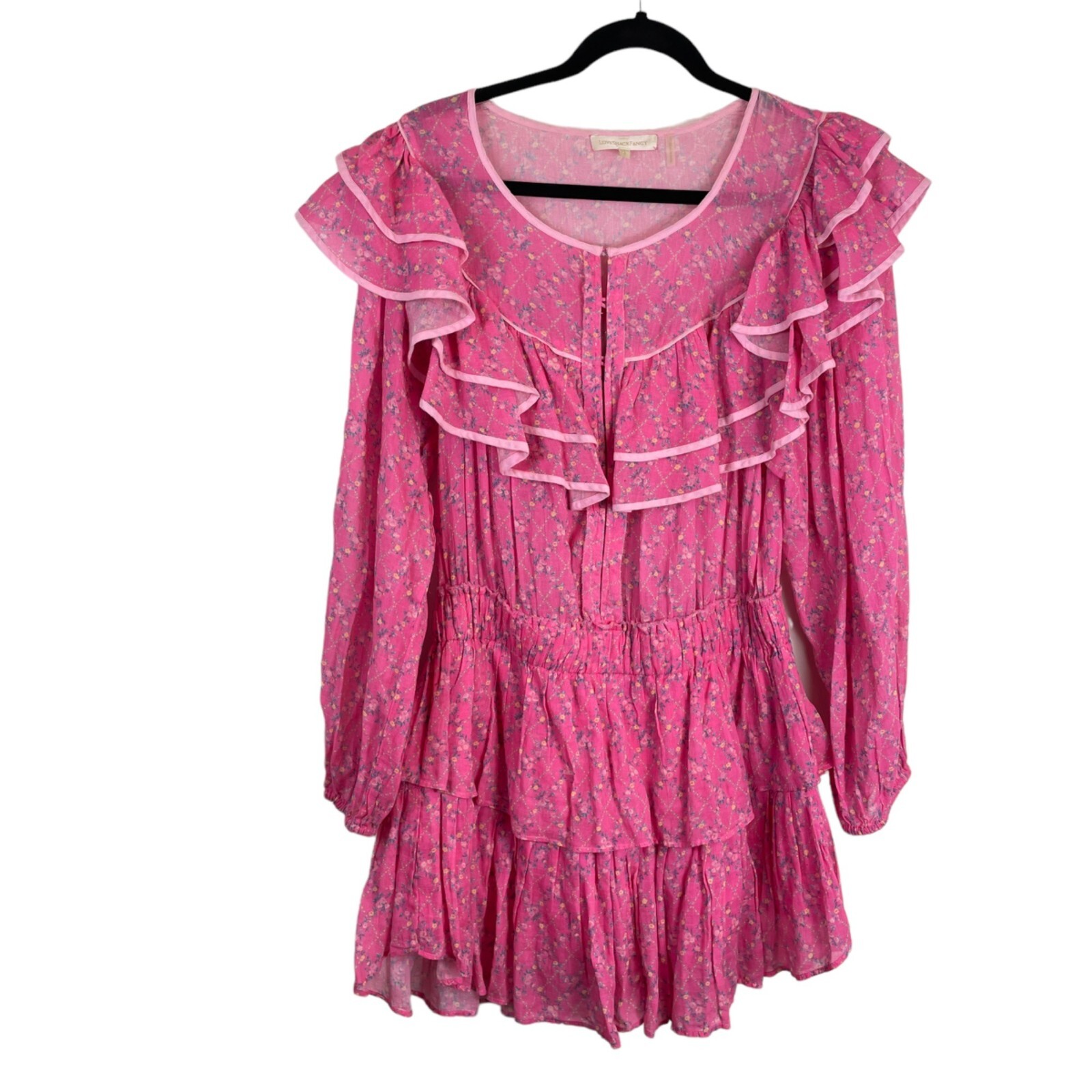 LoveShackFancy Luca Floral Print Ruffle Mini Dress Fuchsia Berry Size L