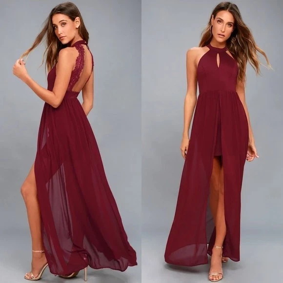Lulu’s My Beloved Burgundy Red Lace Maxi Dress XS Slit Formal Wedding New