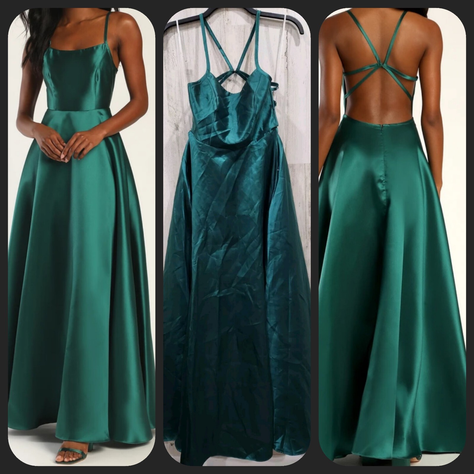 LULUS Fete Fantasy Emerald Green Taffeta Backless A Line Maxi Dress Size MEDIUM*