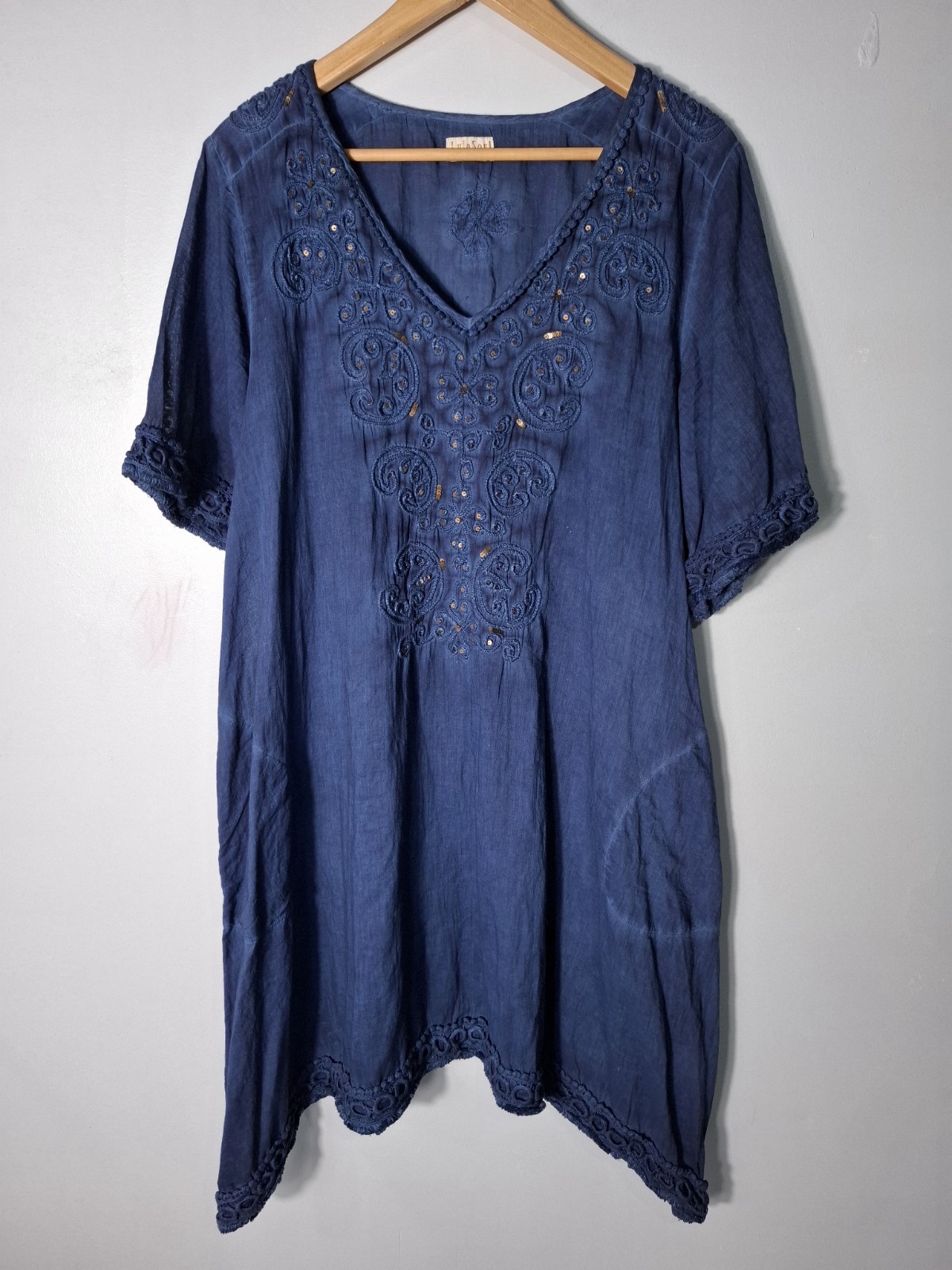 Lula Soul Blue Embroidered Cottton Boho Peasent Dress Sequin Pockets Resort Sz L