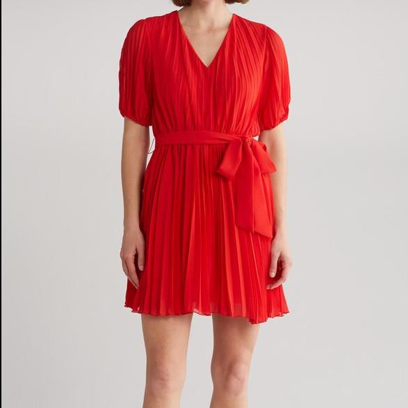 Sam Edelman Elbow Sleeve Pleated Mini Dress 12 *Red* NWT! MSRP $128