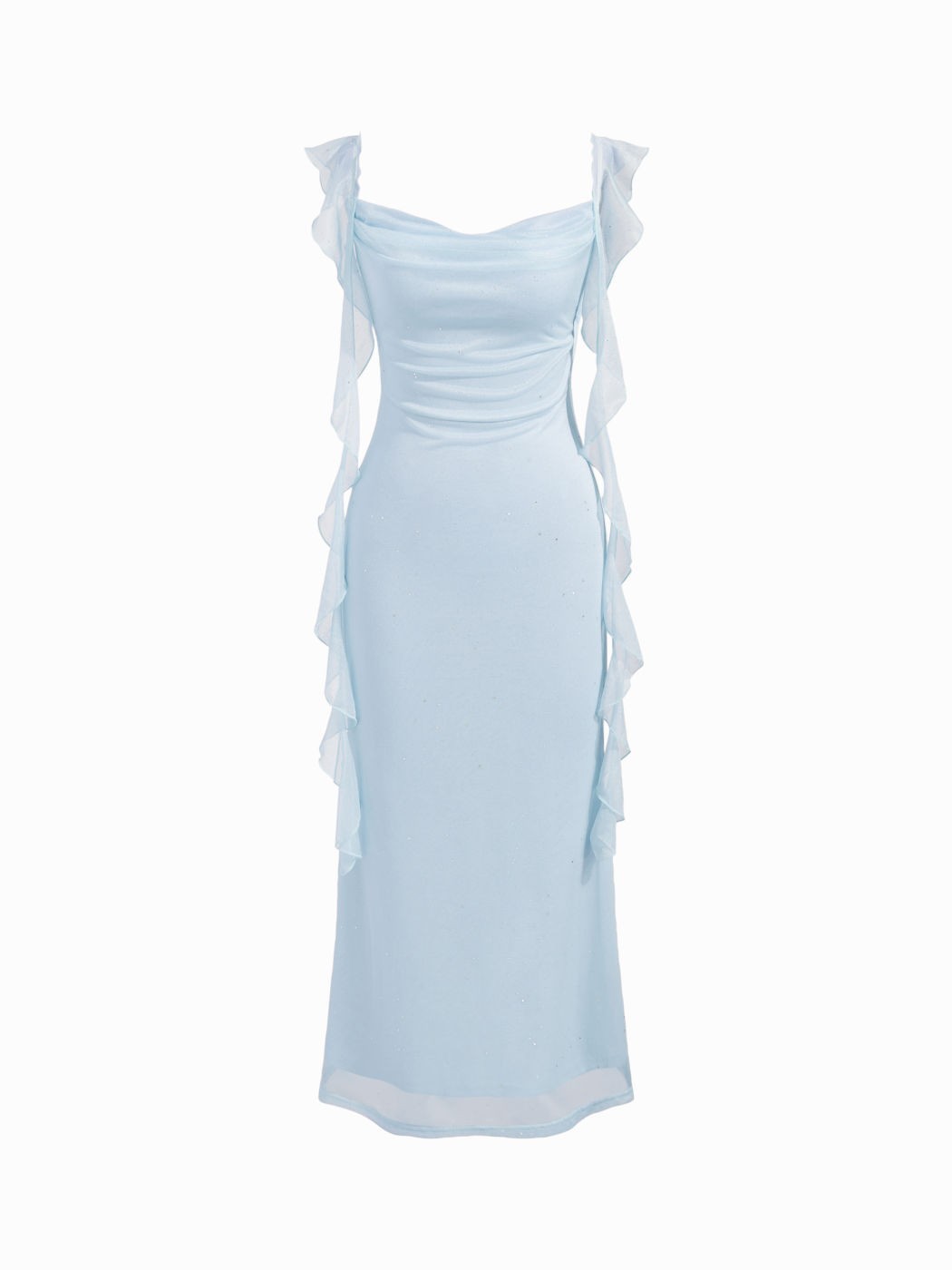 Cowl Neck Solid Glitter Ruffle Hem Maxi Dress