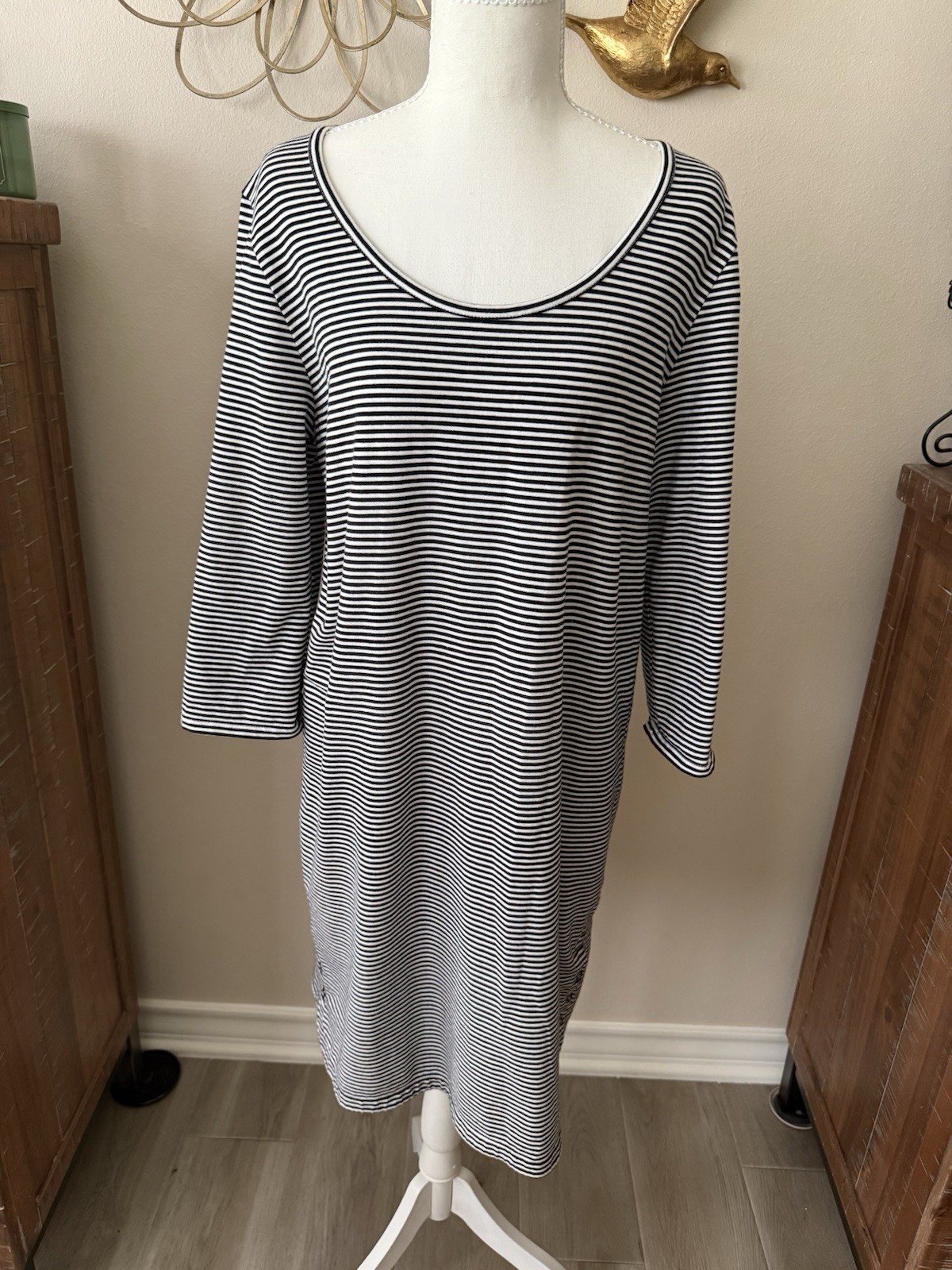 J Jill Perfect Pima Dress Medium Black White Striped 3/4 Sleeve Casual Knit