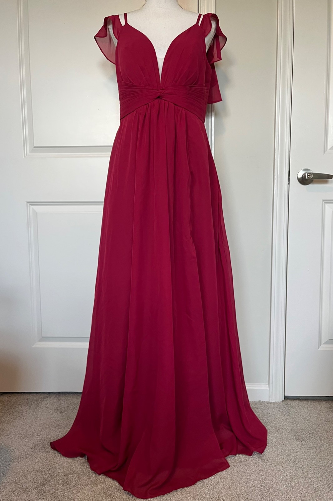 Burgundy Bridesmaid Dress Size 14 Flutter Sleeves Ruched Bodice Boning Support