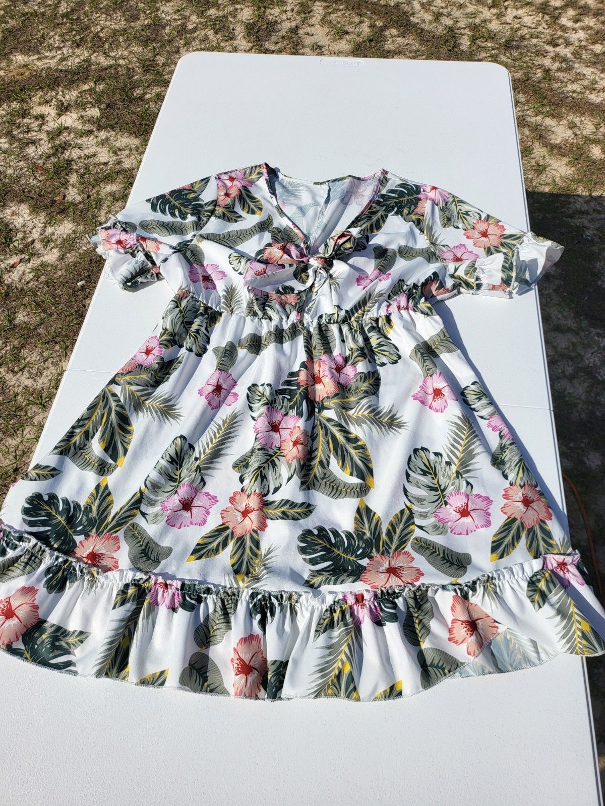 Tropical Botanical V-neck Front Tie Detail Ruffeled Hem Mini Dress Size XXL