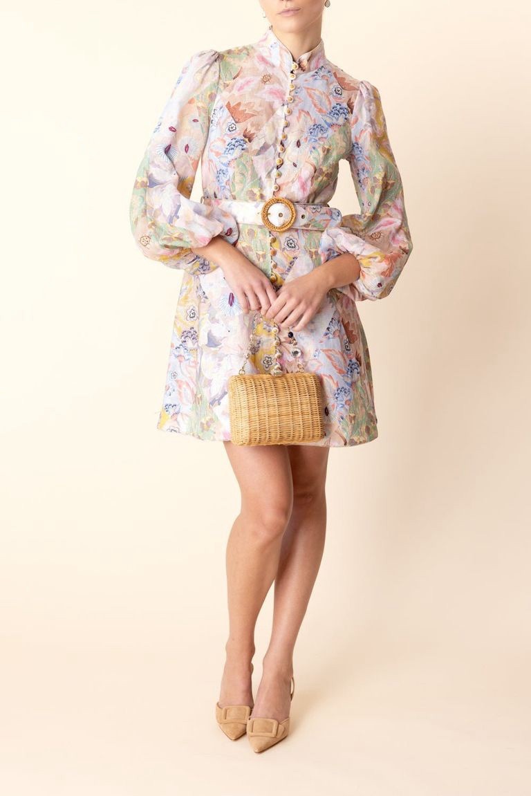 NWOT $950 Zimmermann Illustration Buttoned Belted Floral Linen Mini Dress AU3 L