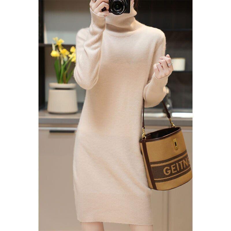 Knitted Cashmere Sweater Women Wool Turtleneck Long-Sleeve Slim Mid Length Dress