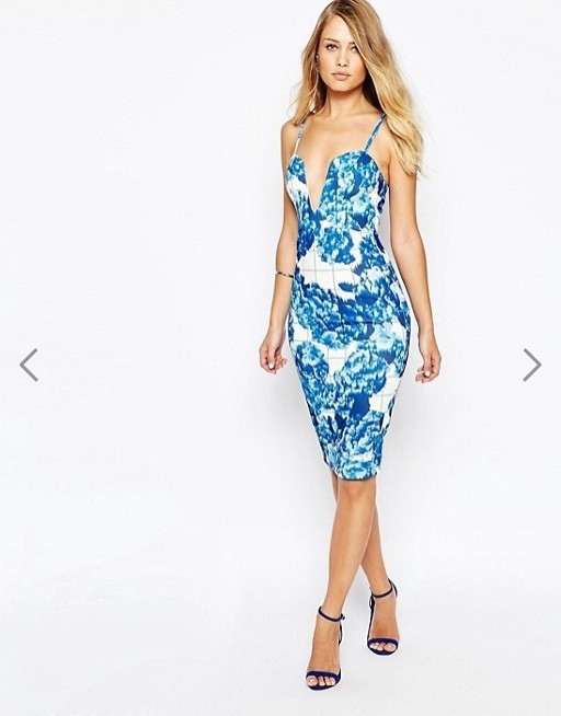 Ginger Fizz Blue Floral Grid Print Bodycon Dress Plunge Neckline Size 6 BNWT