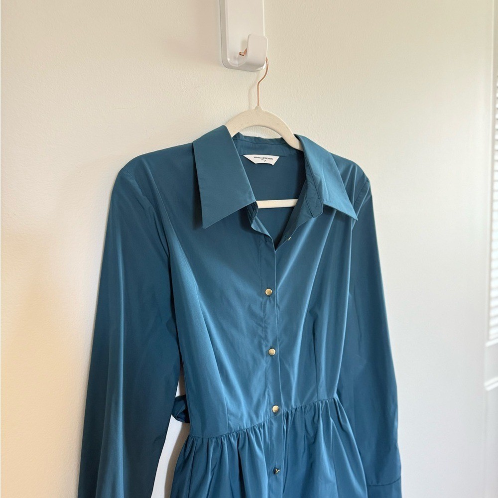 Amanda Uprichard • Conaire Dress Teal Tie Waist Shirt Dress Long Sleeve Medium