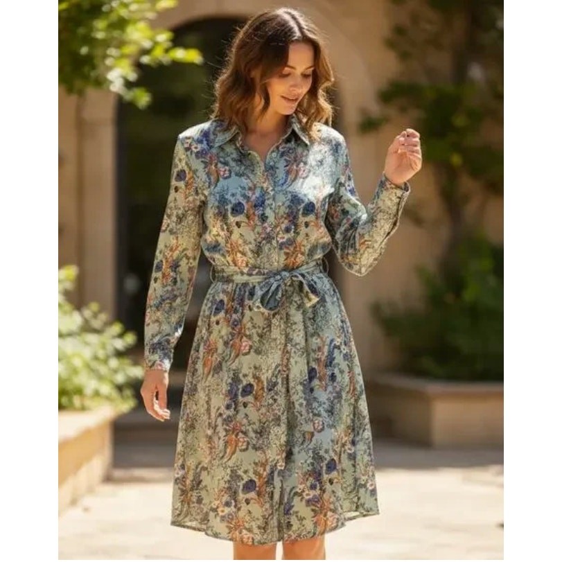 Ophelia Roe Mint Floral Belted Midi Shirt Dress Womens Size Small Shirtdress