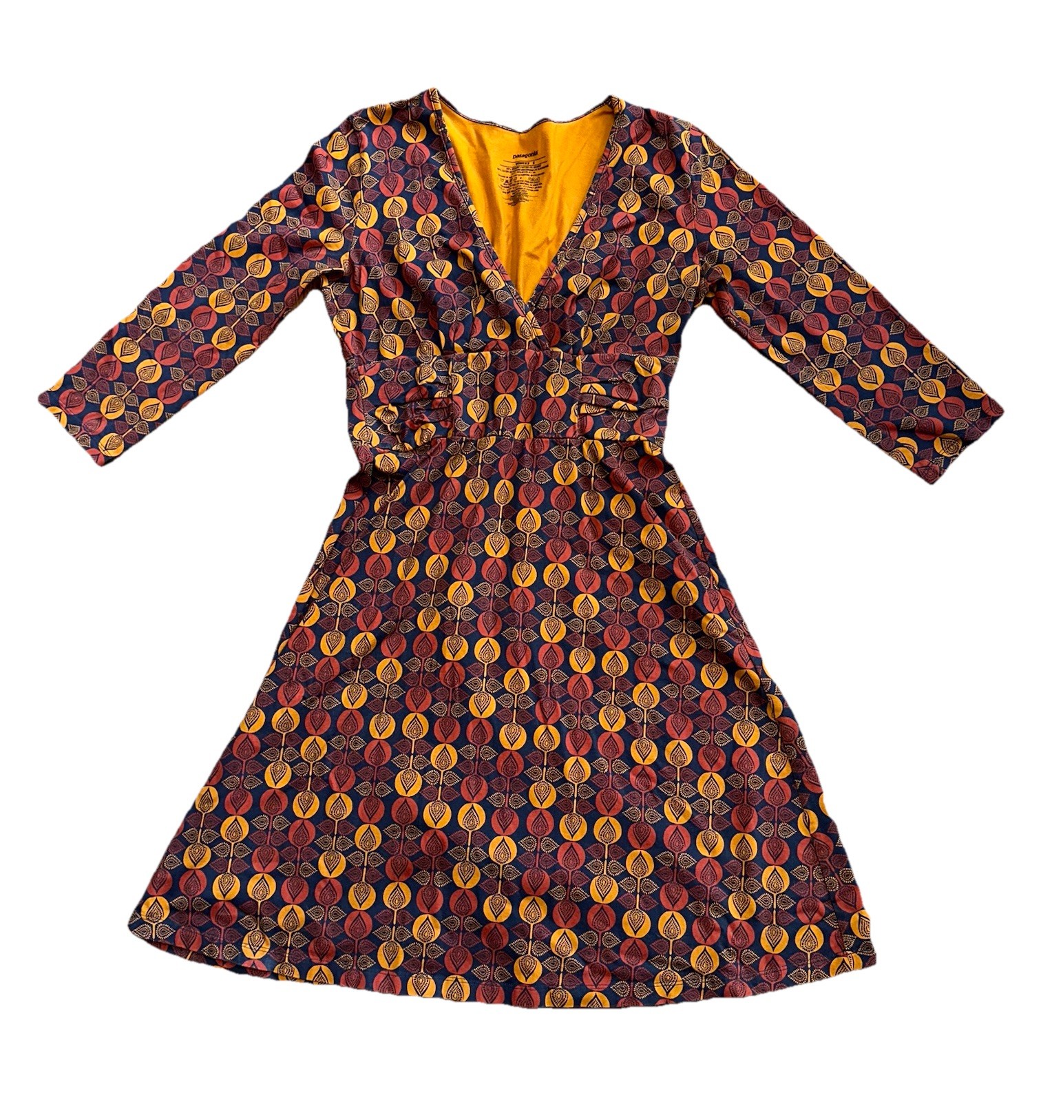 Patagonia Women’s 3/4 Sleeve Margot Dress Bijou Dot Bengal Gold Organic Cotton S