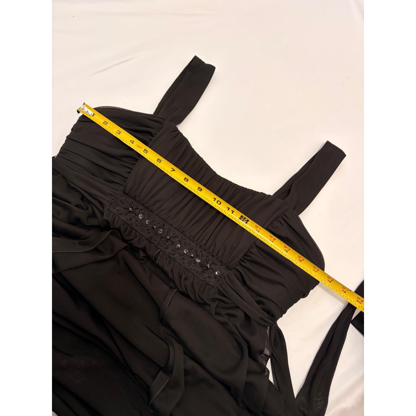 Connected Apparel Gorgeous flowy black gown with draping and beaded detailing