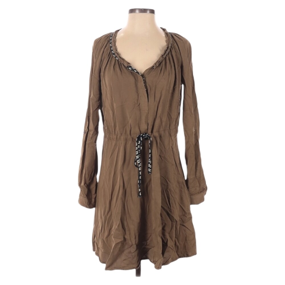 Anthro Mystree Long Sleeve Dress Size S Brown Tan Waist Tie Cuffs Rayon Boho
