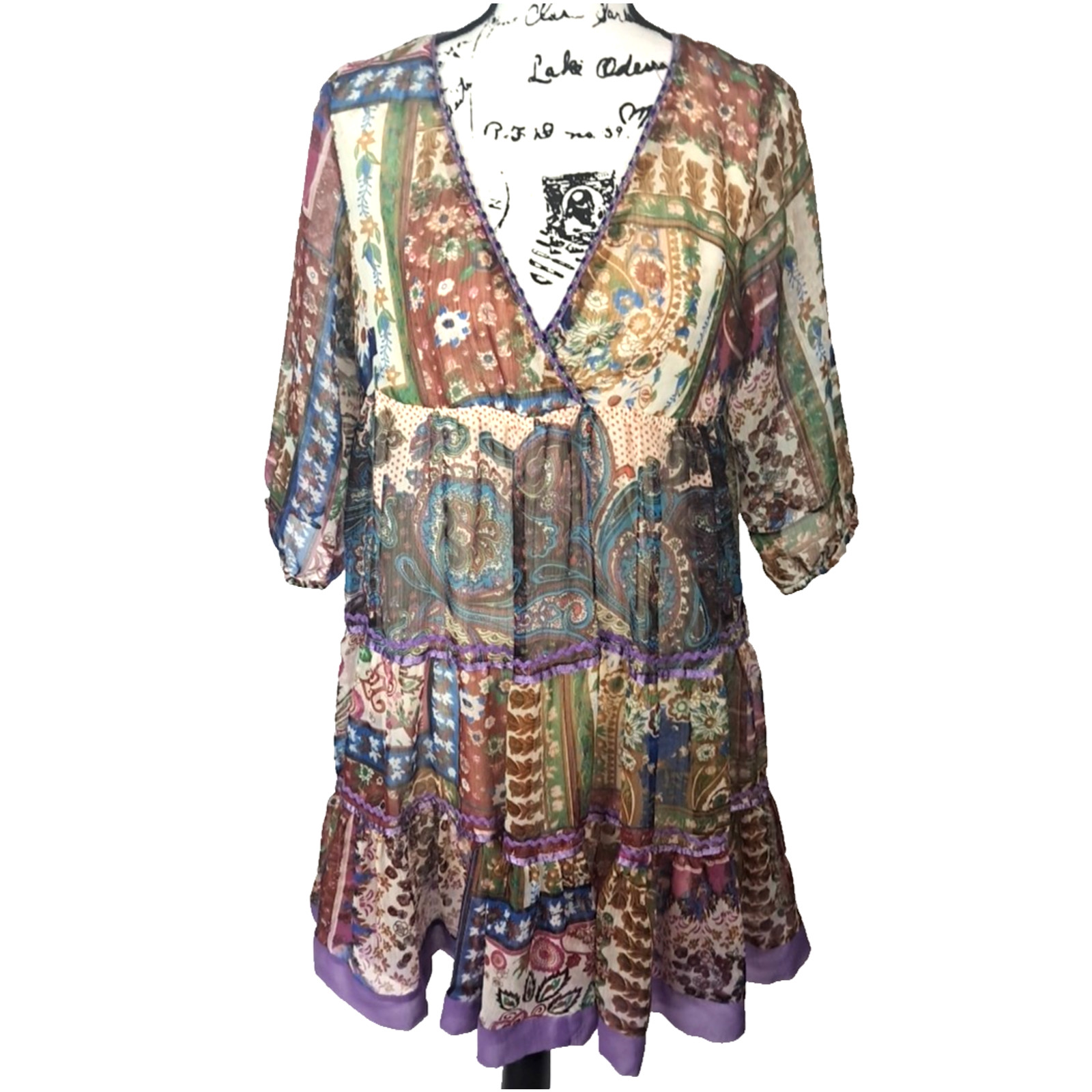 Babydoll Floral Sheer Patchwork Beaded Tiered Mini Dress Size M Purple Boho