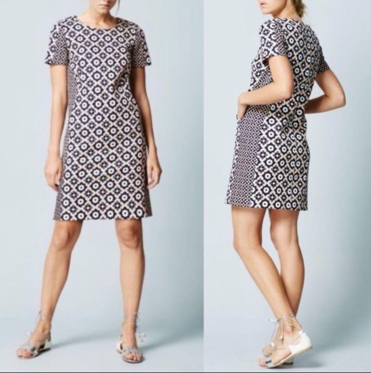 Boden Dress 6 L Pink Blue Ivory Short Sleeve Stretch Cotton Pockets Washable