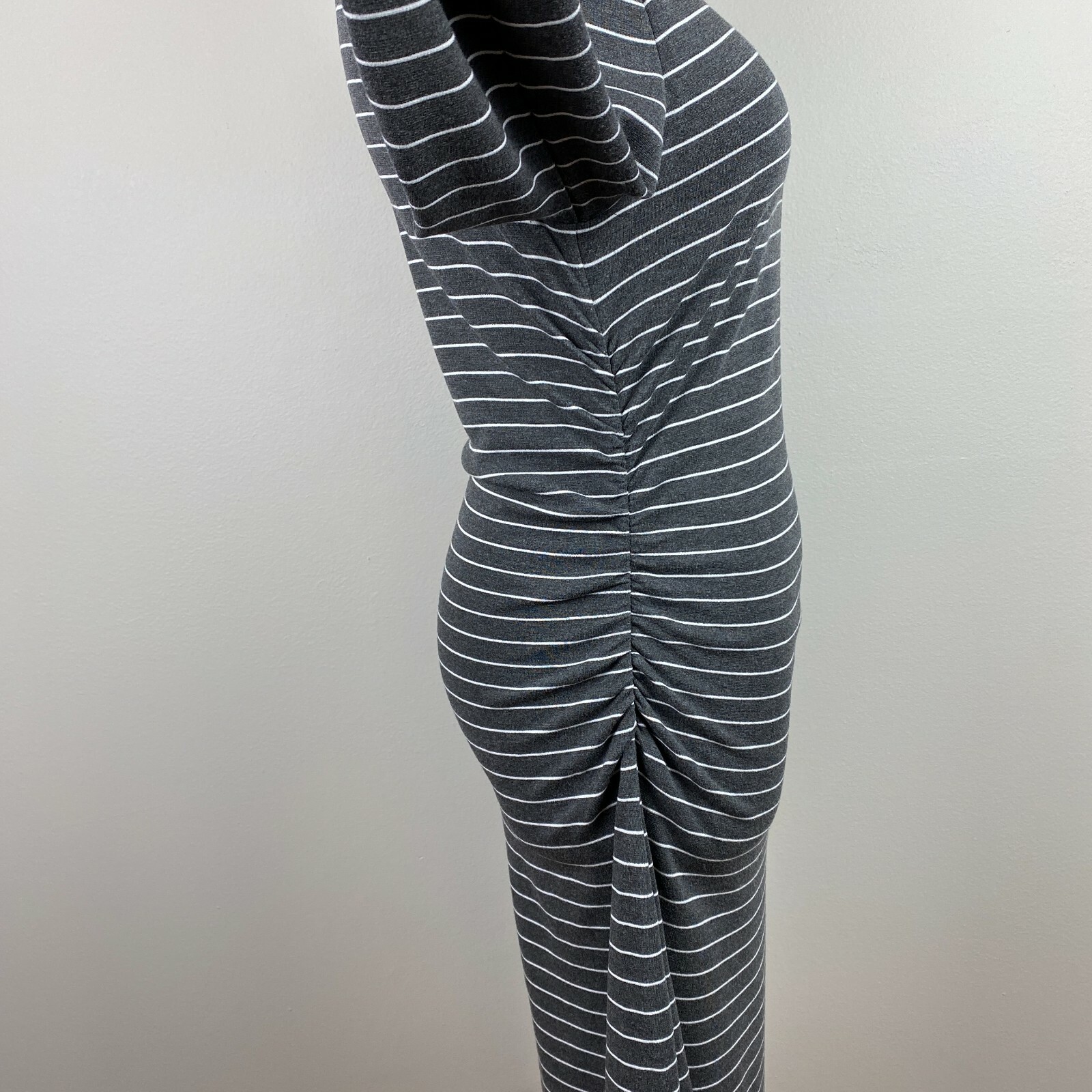 Ann Taylor Dress Small Gray White Stripe Sheath Ruched Waist Long Sleeve Career