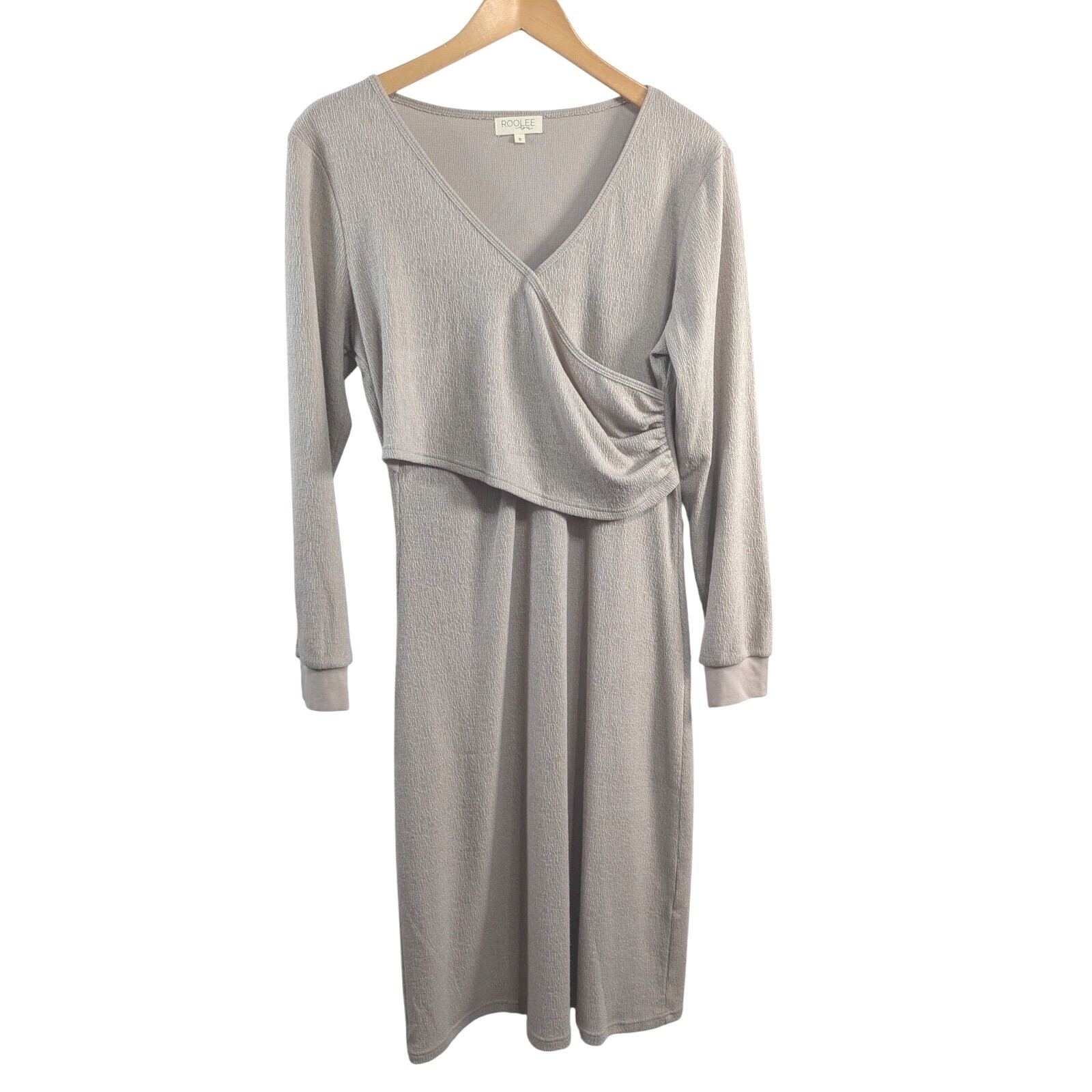 Roolee Mom Womens Mama Bird Faux Wrap Long Sleeve Midi Nursing Dress sz S Beige