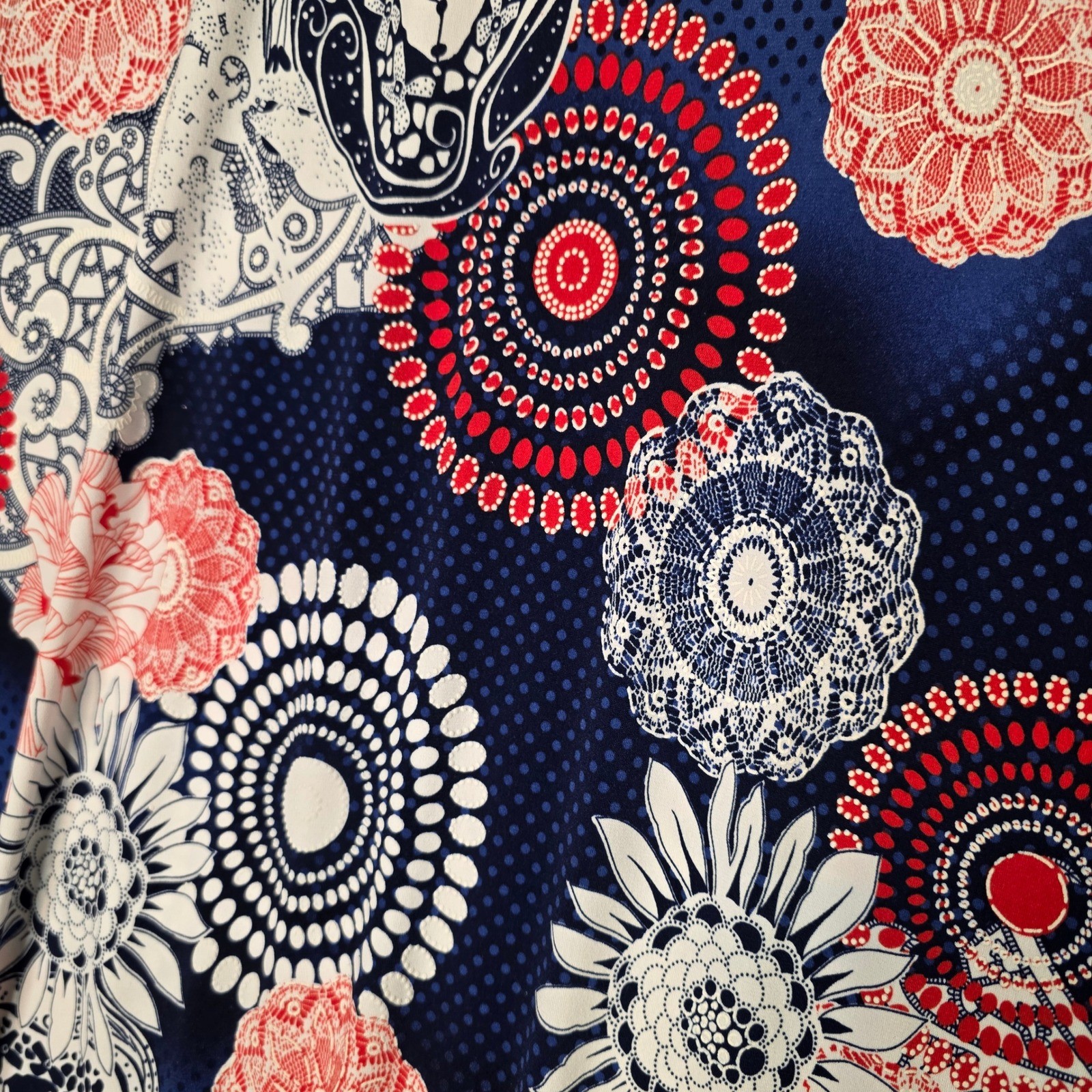 SJS Red White Blue Floral Mandala Sleeveless Mesh Inset A-Line Dress Large