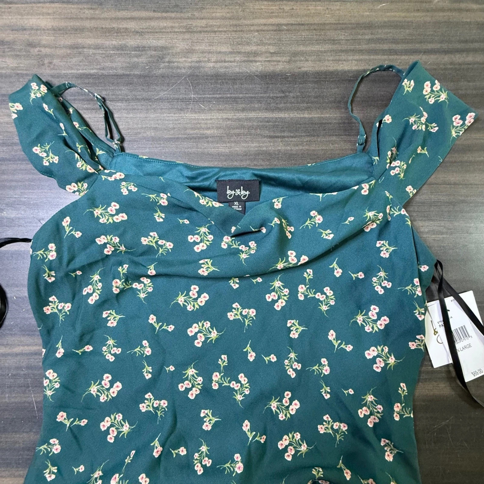 By & By Floral Print Square Neck Midi Dress Green Pink Size XL