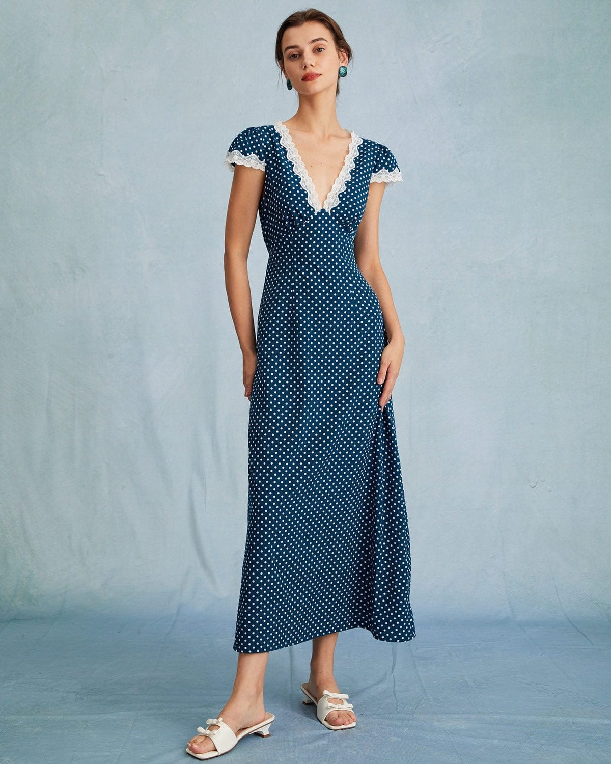 RIHOAS The Navy V Neck Polka Dot Lace Ruched Maxi Dress