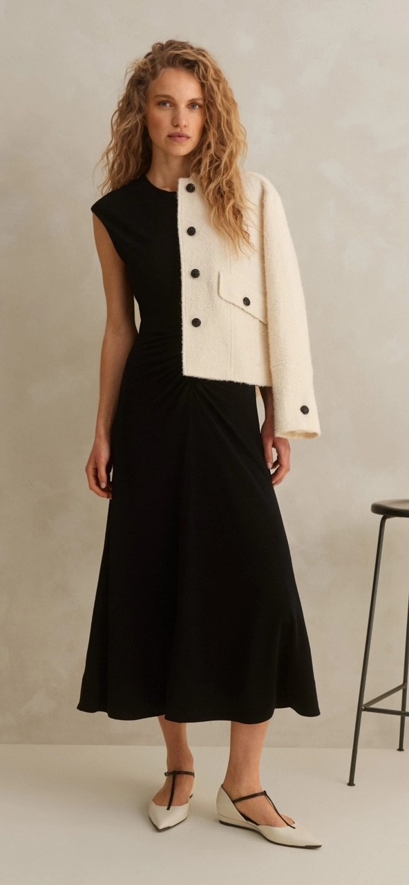 ME+EM Black Fluid Crepe Jersey Ruched Zip Front & Back Midi Dress 10 US = 14UK