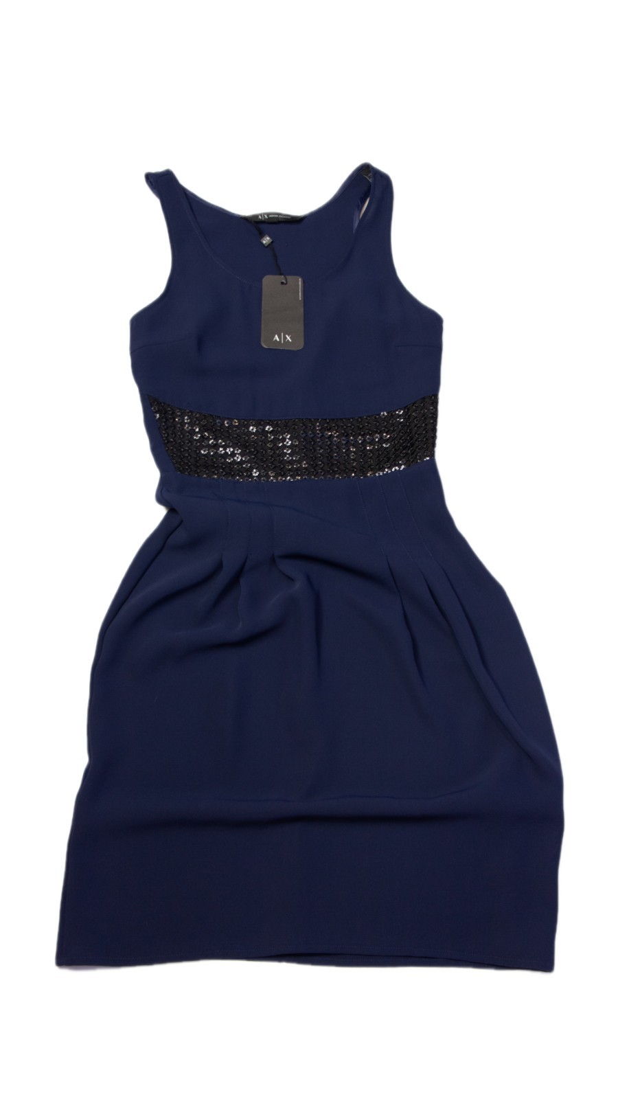 Armani Exchange NWT Navy Blue Cocktail Dress Size 0 Black Sequin Waist Sleeveles
