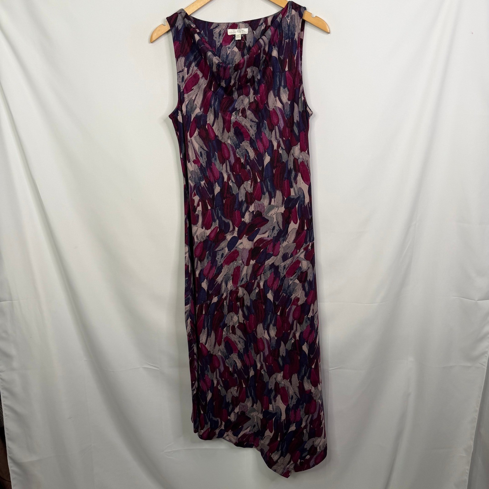 Nine Britton Plum Abstract Brushstroke Cowl Neck Asymmetrical Midi Dress LP