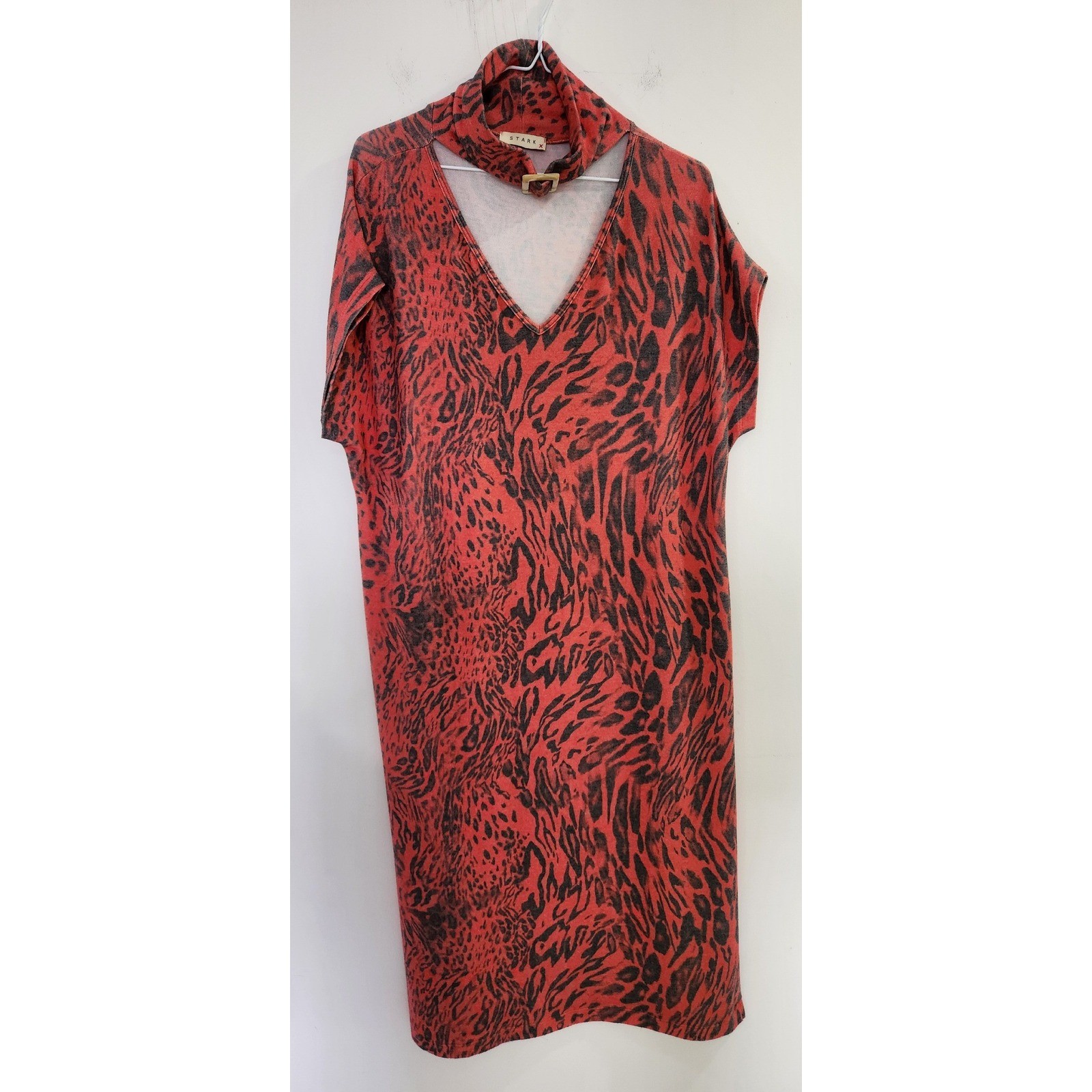 Stark X Red Animal Print Choker Neck Midi Dress Leopard V-Neck Medium