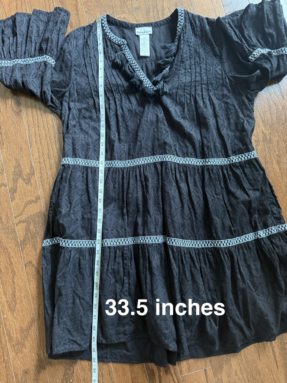 Tommy Bahama Black Solid 100% Cotton V-Neck Tassel A-Line Knee Dress M