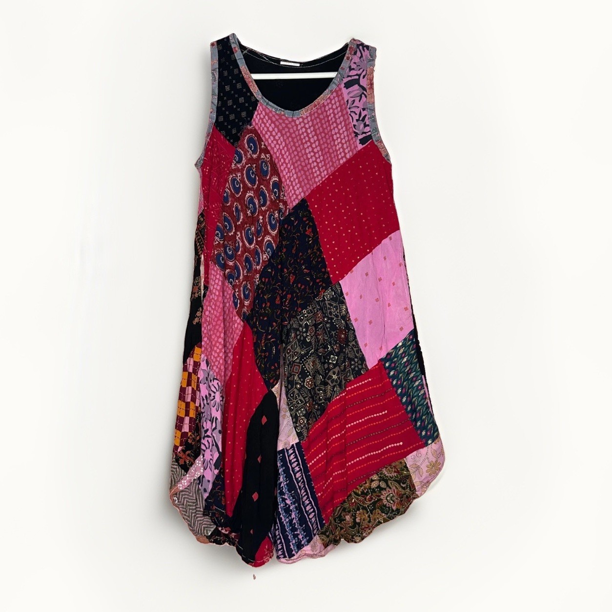 Oversized Patchwork Sleeveless Tunic Dress Boho Lagenlook Artsy Hanky Hem