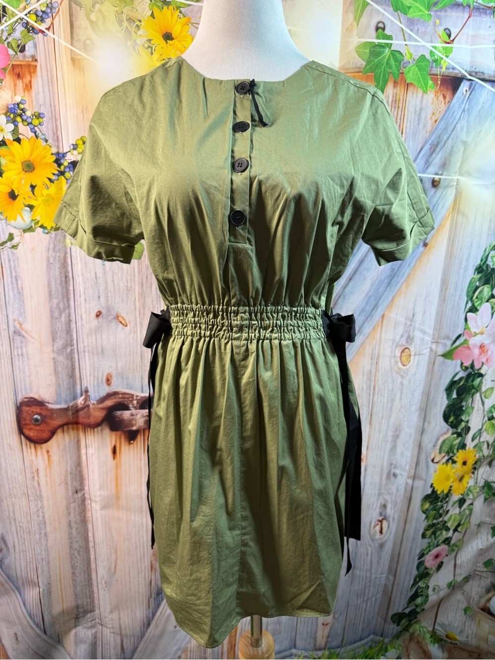 751-Zara Olive Green Short-Sleeve Buttoned Mini Dress with Side Ties