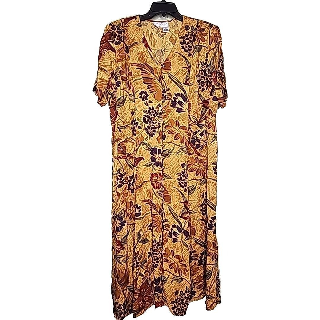 Vintage 90s Betsy Lauren Floral Midi Dress 16W Button Front Short Sleeve V-Neck