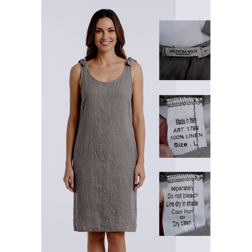 Valentina Naldi Made in Italy 100% Linen Tie Shoulder Slip Dress Taupe L