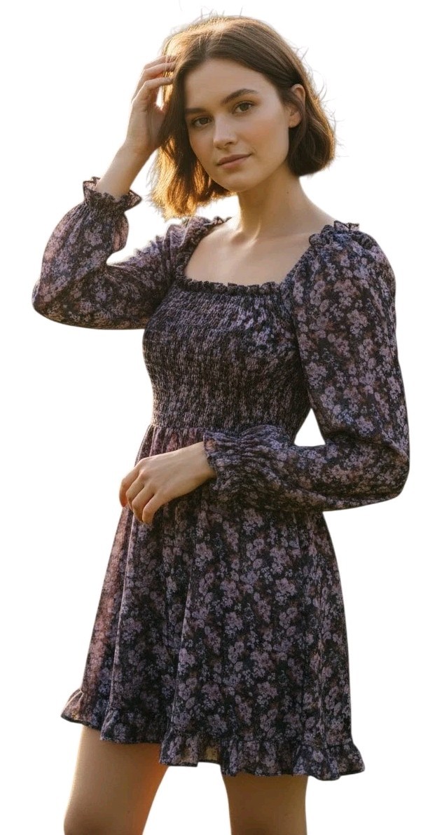 Womens Purple Floral Puff Sleeve Square Neck Babydoll Peasant Boho Dress Sz S
