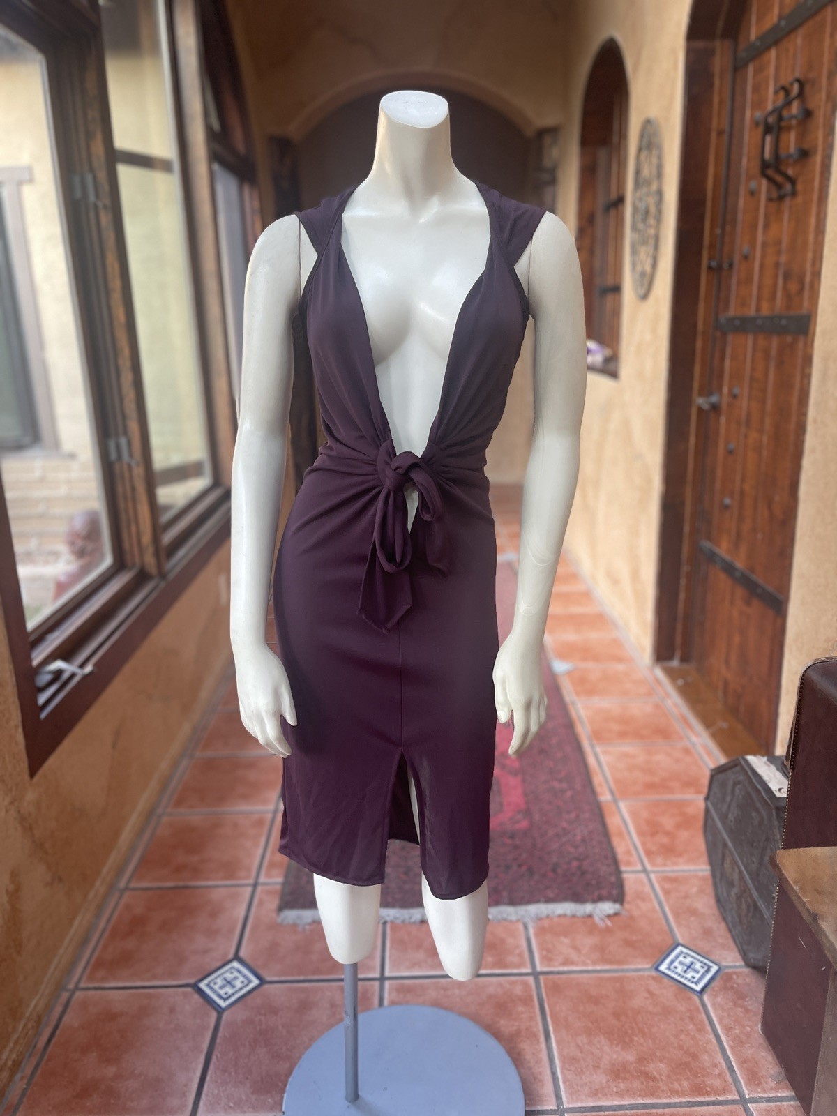 Vintage Y2k Ema Savahl Plum Plunging Tie Front Dress