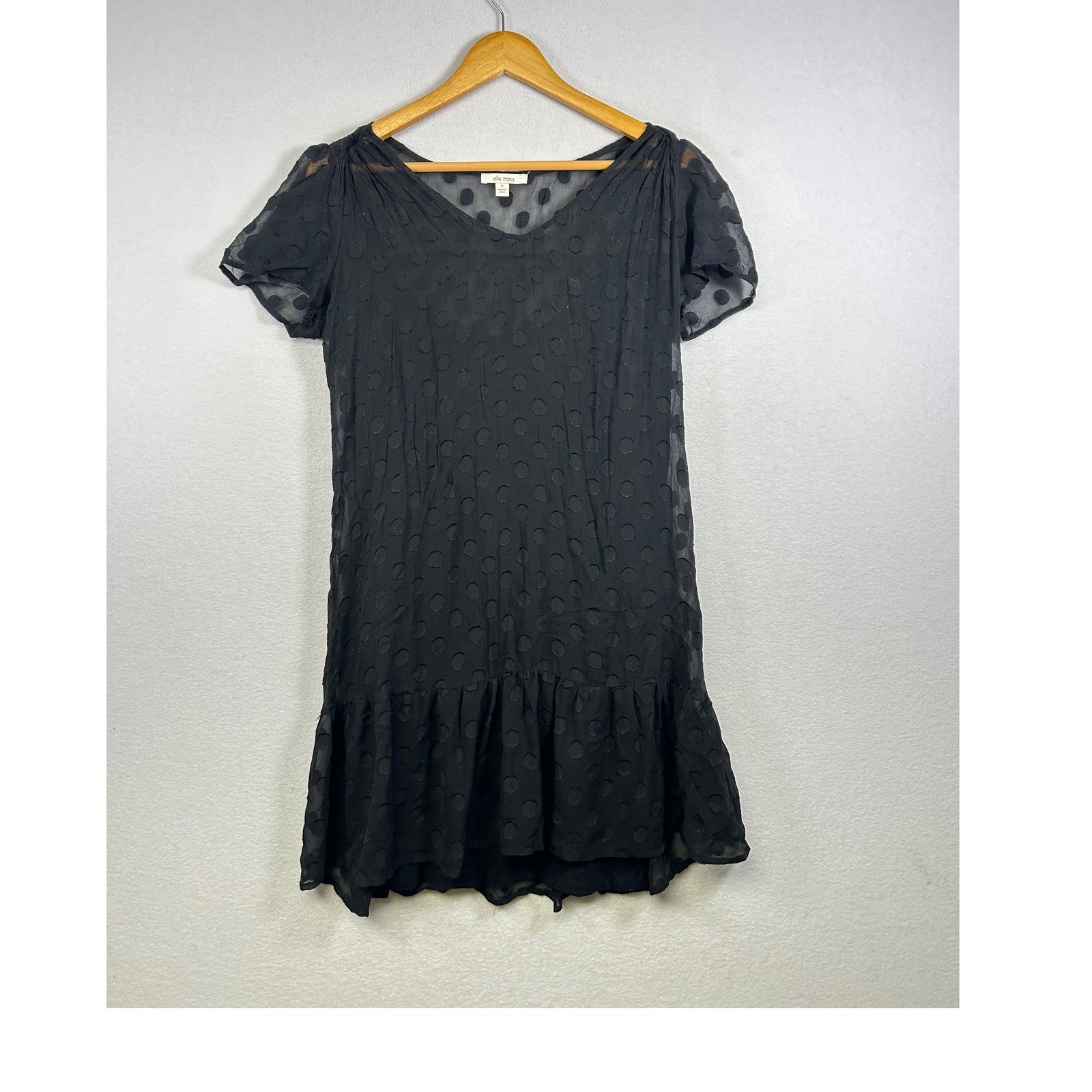 Ella Moss Silk Polka Dot Mini Dress Womens Medium Black Ruffle V-Neck LBD