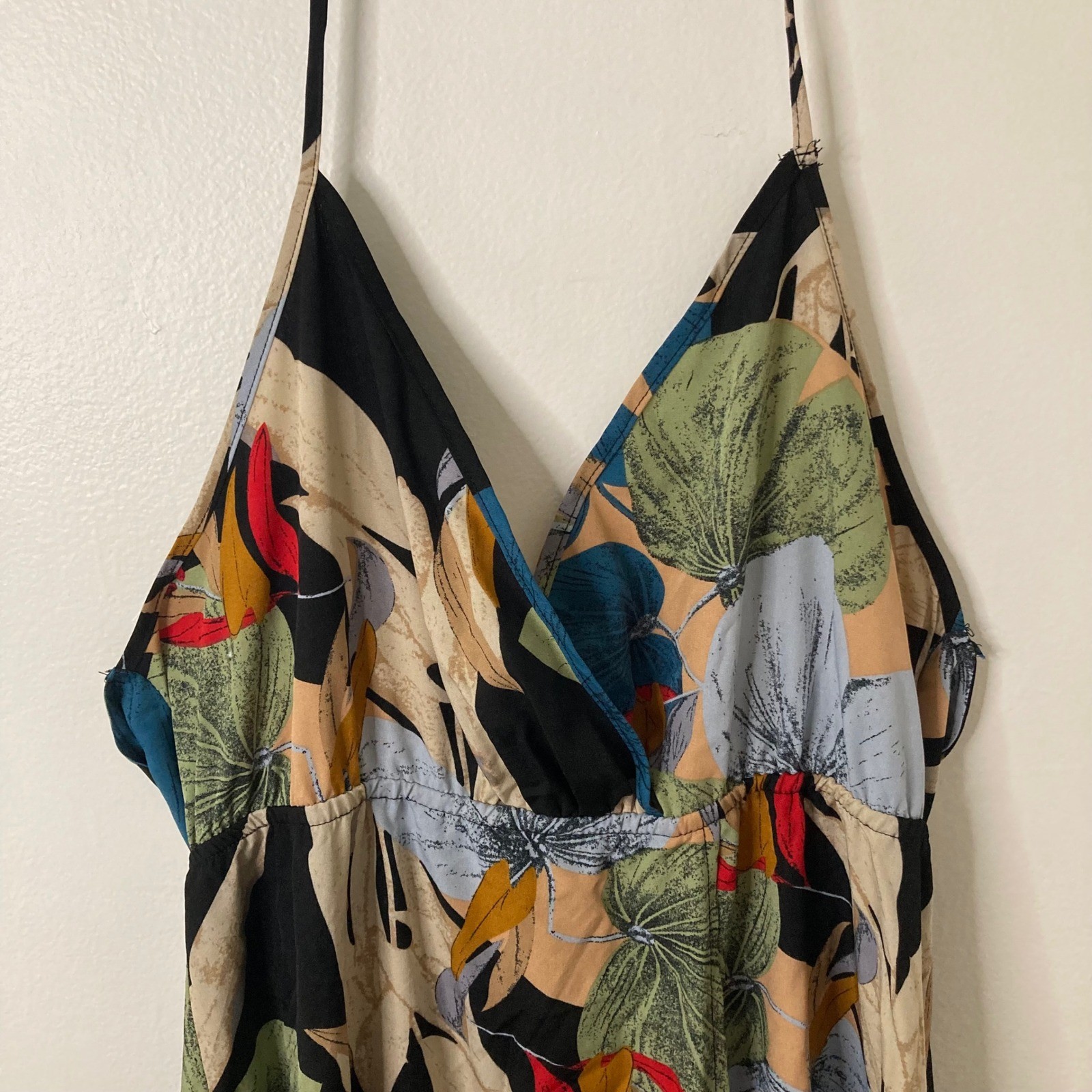 Boho Floral Tropical Halter Wrap Open Back Maxi Sundress XL Botanical Vacation