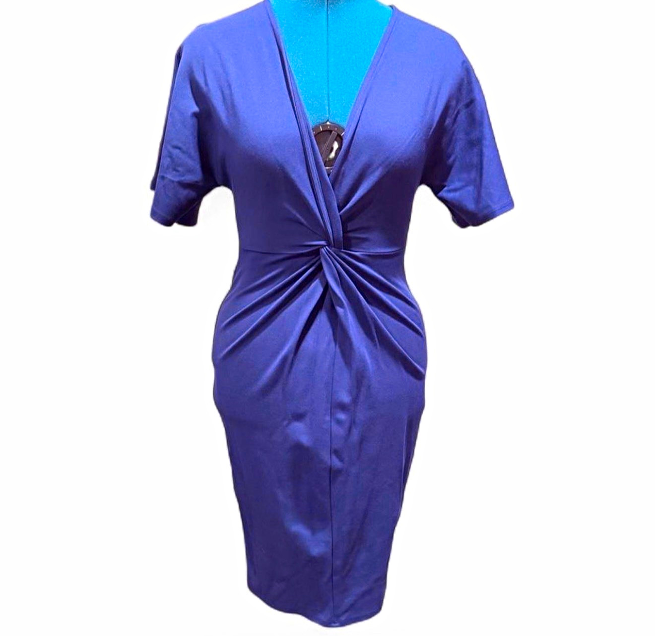 june & hudson Women’s Blue Solid V-Neck Short Sleeve Ruched Sheath Dress S