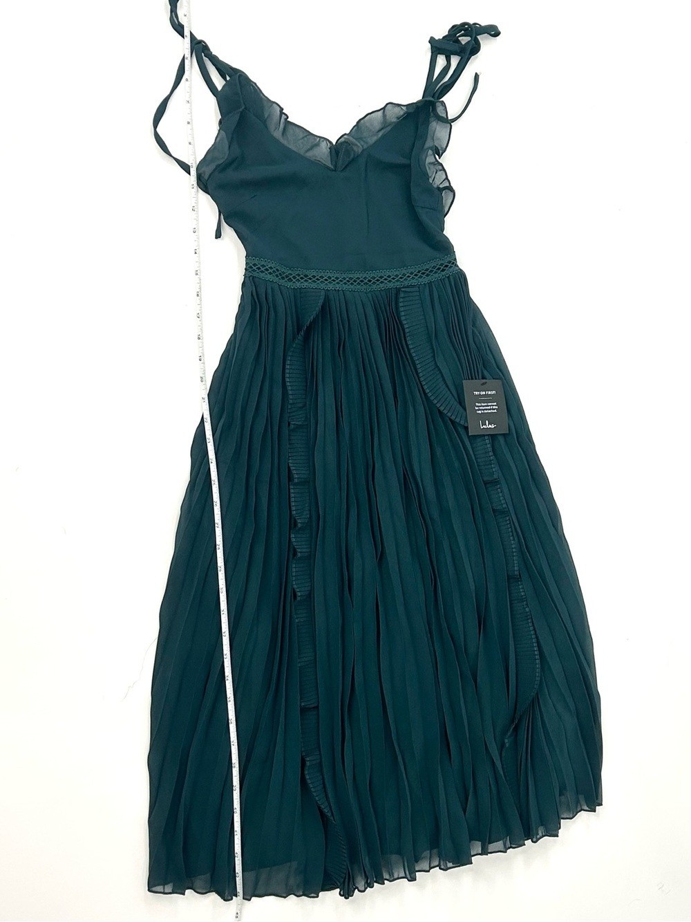Lulus NWT Teal Pleated Chiffon Midi Dress Ruffle Tie Strap Cottagecore XXS