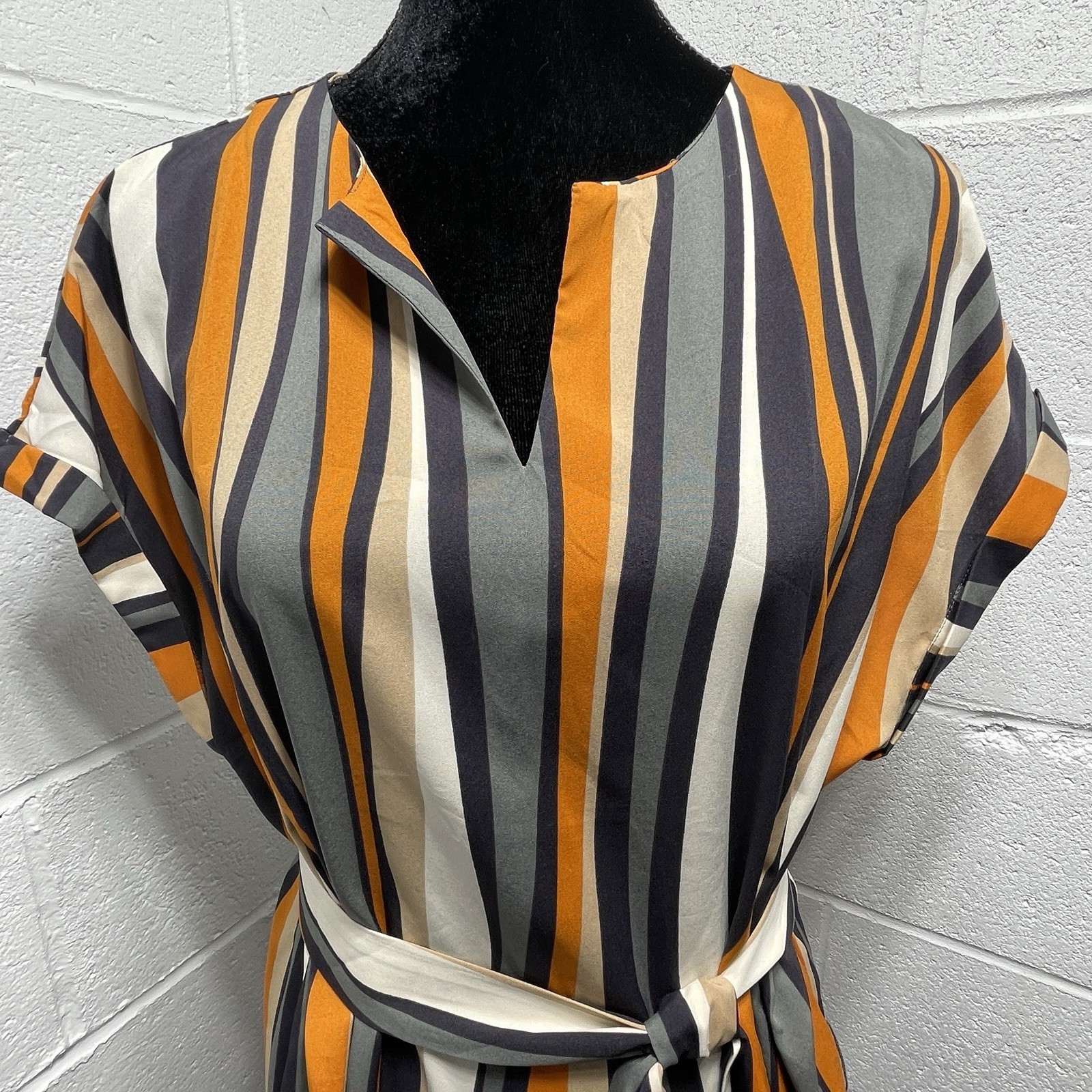 Emery Rose Notch Neck Striped Colorblock Belted Dress Sz Large