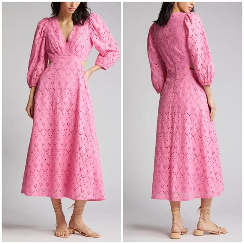 CHELSEA28 Eyelet Embroidered Cutout Bracelet Sleeve Midi Dress Pink SIZE S NWOT