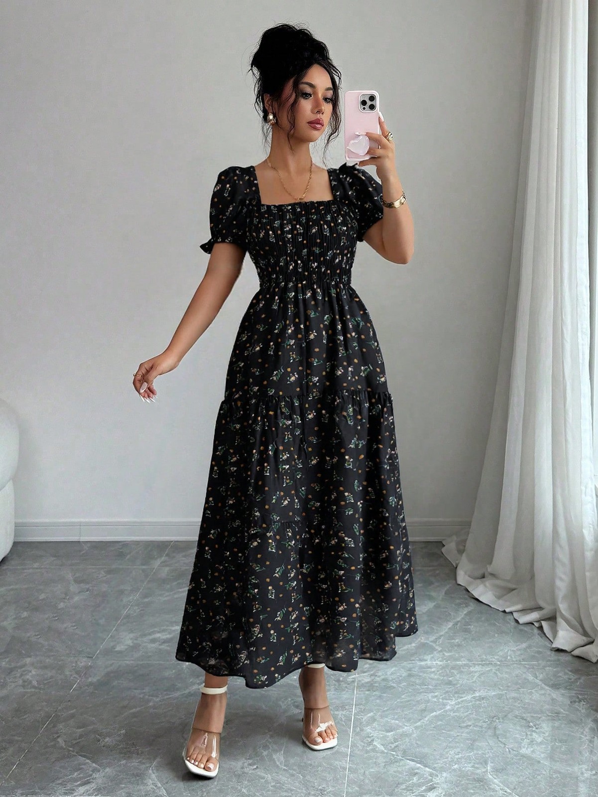 Elegant A Line Women’s Dress with Ditsy Floral Pattern