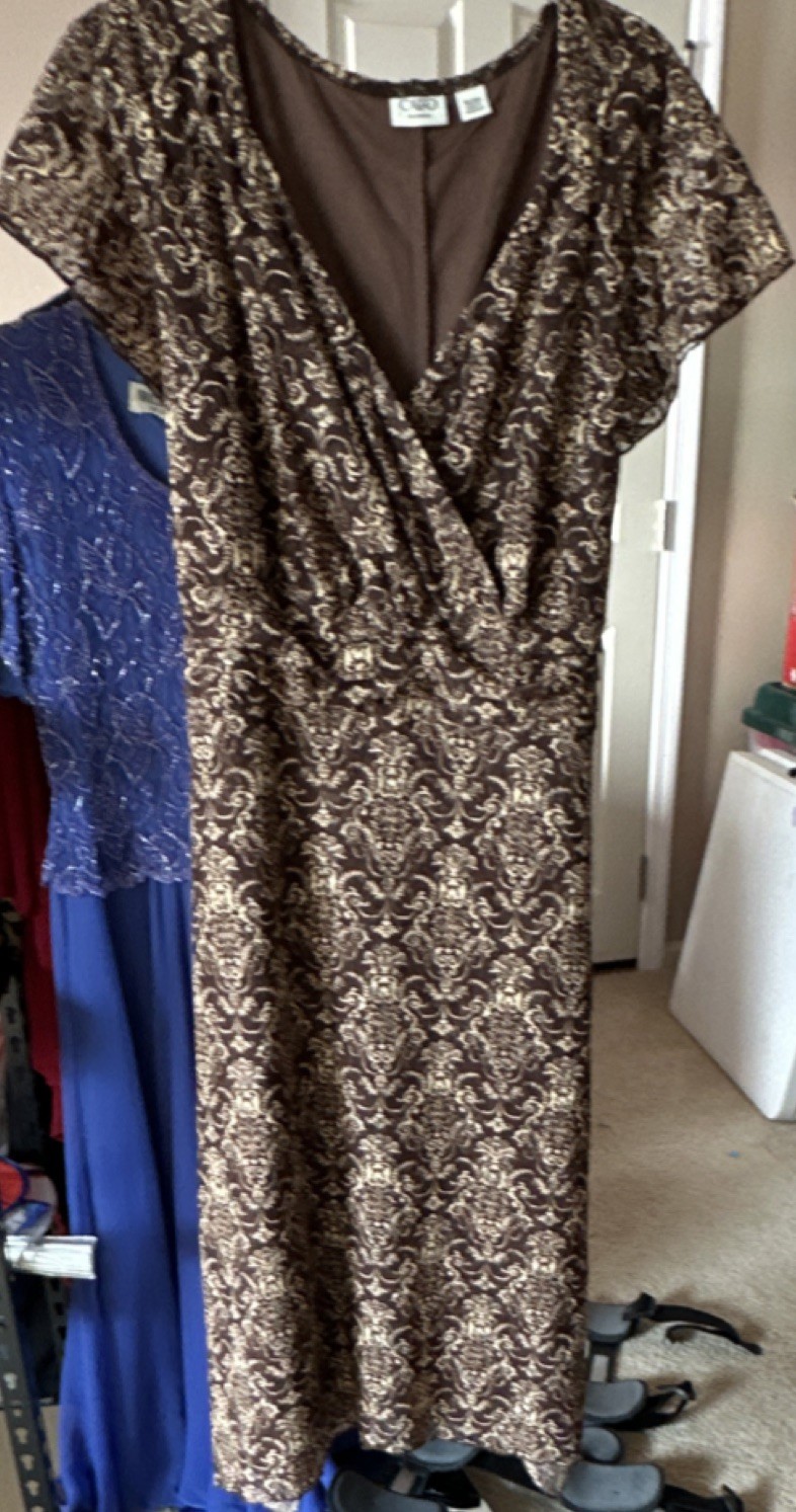 Connected Apparel Brown/Beige Paisley V-Neck Ruched Sheath Long Dress 18/20