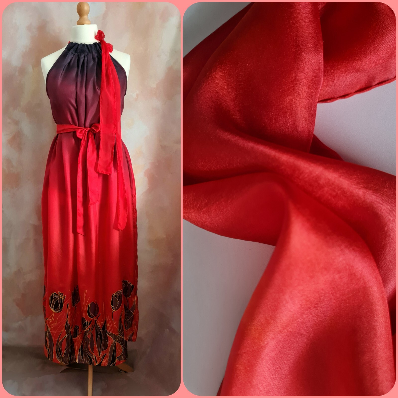 Bespoke Hand Painted Signed Silk Red/Black Tulips Summer Party Dress with Shawl
