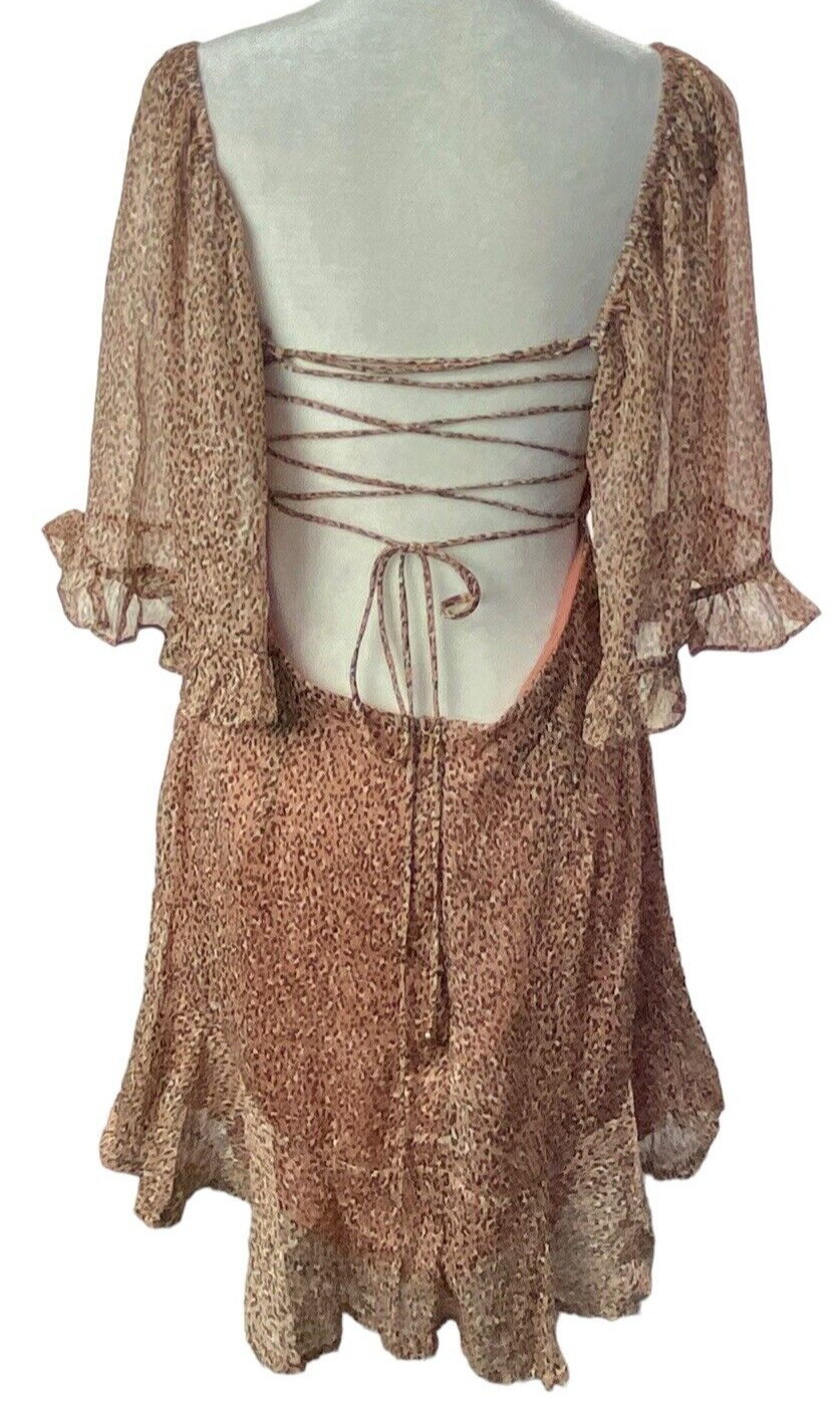 SAINTS SECRETS Women Crisscross Ruffle Open Back Mini Dress Sz L Brown hb-14