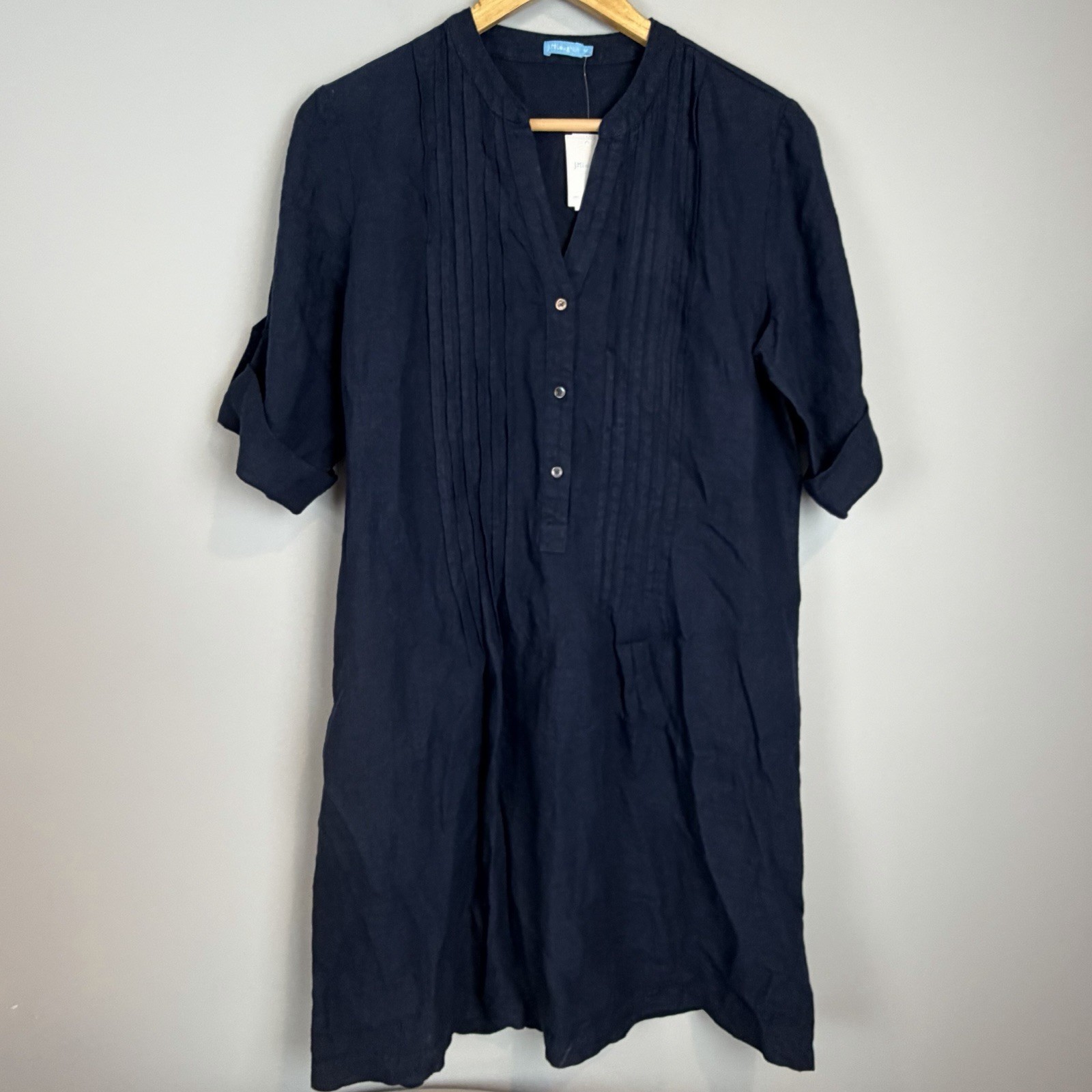 J. Mclaughlin Women Linen Dress Size M Navy Blue Pintuck Short Sleeve Popover